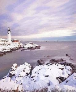 Snowy Portland Lighthouse Diamond Painting