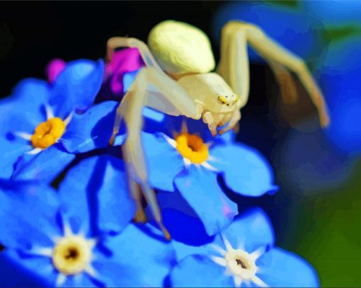 Spider On Forget Me Nots Flowers Diamond Painting