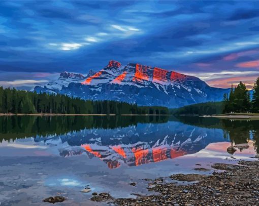 Two Jack Lake Sunset Mountain Diamond Paintings