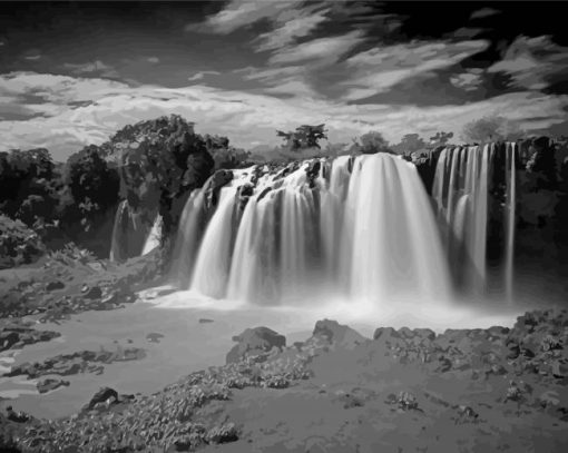 Waterfall Black And White Landscape Diamond Painting