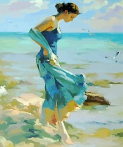 Lady In Blue At The Beach Art Diamond Painting