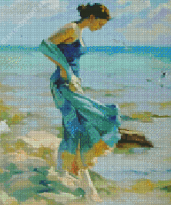 Lady In Blue At The Beach Art Diamond Painting