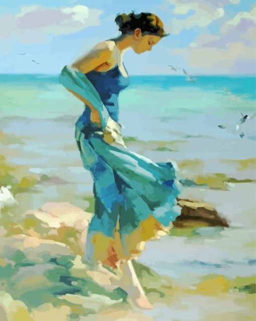 Lady In Blue At The Beach Art Diamond Painting