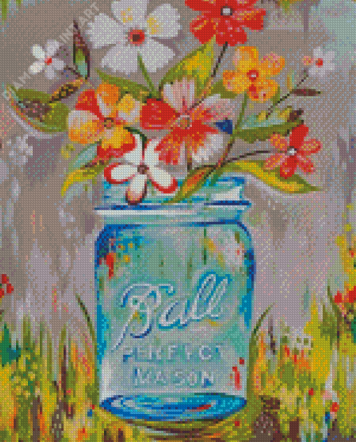 Flowers In Blue Mason Jar Art Diamond Painting