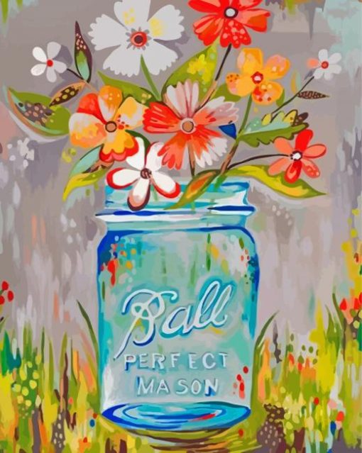 Flowers In Blue Mason Jar Art Diamond Painting