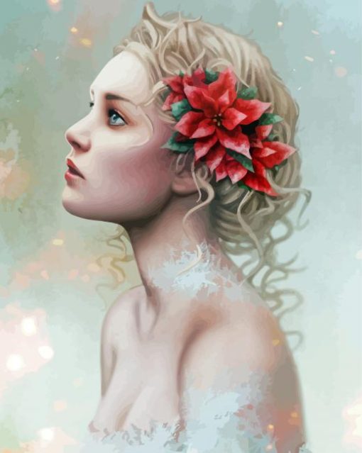 Gorgeous Girl With Poinsettia Flowers Diamond Painting