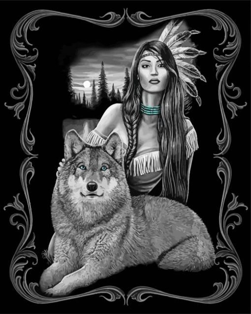 Black And White Indian Woman And Wolf Diamond Paintings