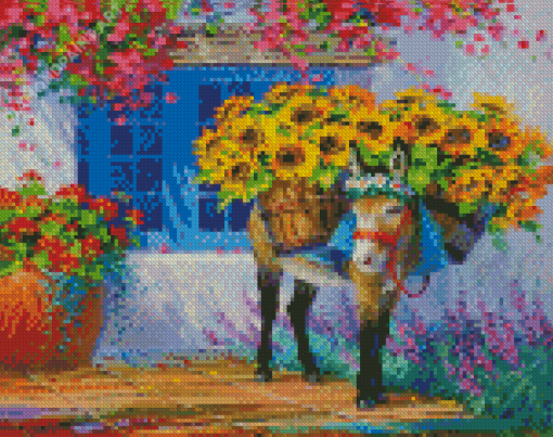 Donkey And Sunflowers Diamond Painting