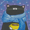 Fat Black Cat And Coffee Cup Diamond Paintings