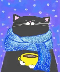 Fat Black Cat And Coffee Cup Diamond Paintings