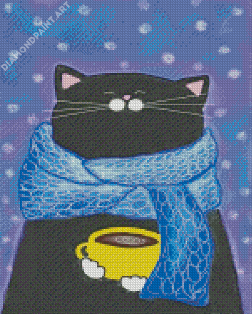 Fat Black Cat And Coffee Cup Diamond Paintings