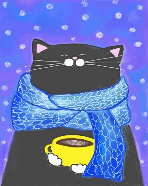 Fat Black Cat And Coffee Cup Diamond Paintings