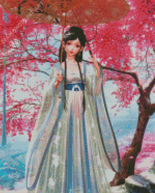 Girl In China Dress With Umbrella Diamond Painting