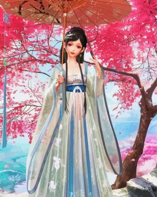 Girl In China Dress With Umbrella Diamond Painting