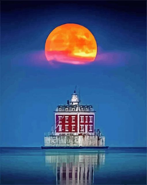 New London Ledge Light With Red Moon Diamond Painting