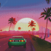 Palm Trees With Car At Sunset Diamond Painting