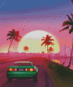 Palm Trees With Car At Sunset Diamond Painting