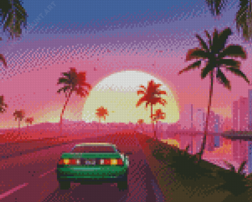 Palm Trees With Car At Sunset Diamond Painting