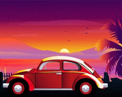 VW Car Sunset Illustration Diamond Painting