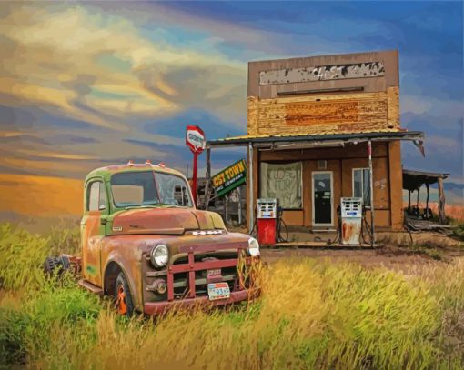 Abandoned Old Gas Station Truck Diamond Painting