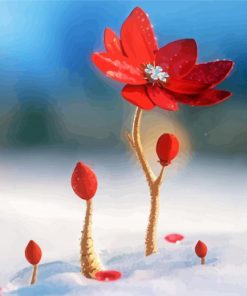 Beautiful Red Spring Flower In Snow Diamond Paintings