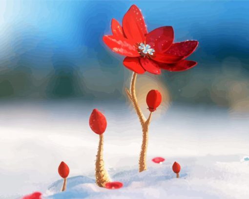 Beautiful Red Spring Flower In Snow Diamond Paintings