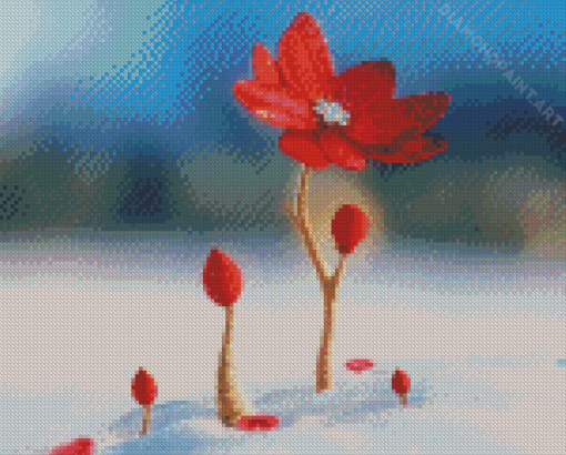 Beautiful Red Spring Flower In Snow Diamond Paintings