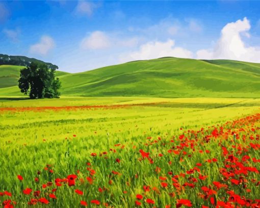 Green Grass And Red Flower Fields Italy Diamond Painting