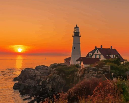 Magical Portland Lighthouse Sunset Diamond Paintings