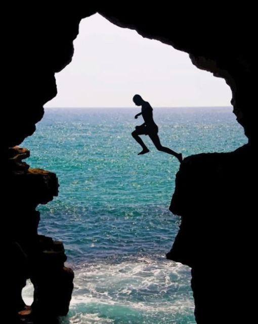 Man Jumping From Hercules Caves Tangier Morocco Diamond Painting