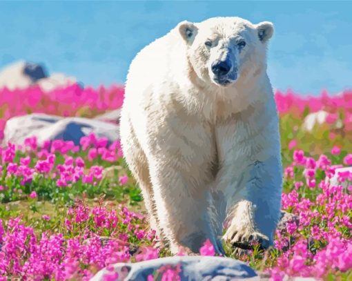 Polar Bear In Flowers Field Diamond Paintings