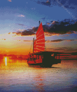 Sunset Junk Boat Diamond Paintings