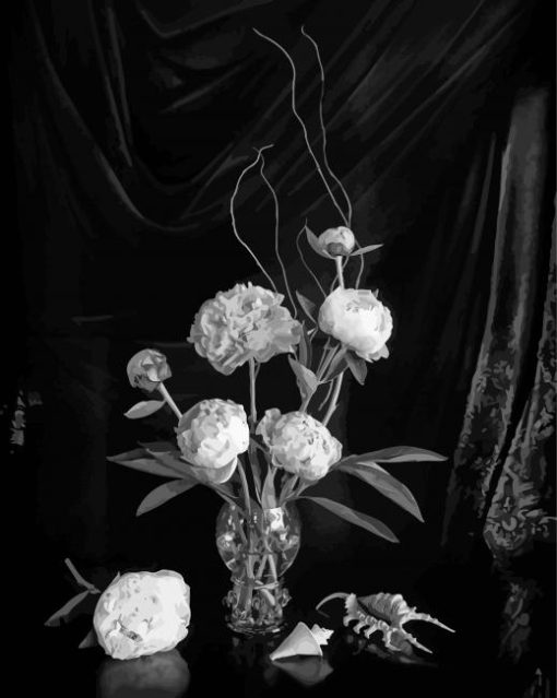 Black And White Peonies In Vase Diamond Painting