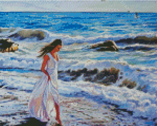 Girl Walking On Beach Diamond Painting