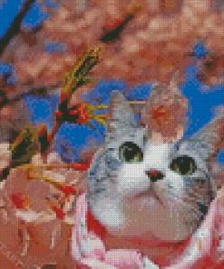 Cat In Cherry Tree Diamond Painting