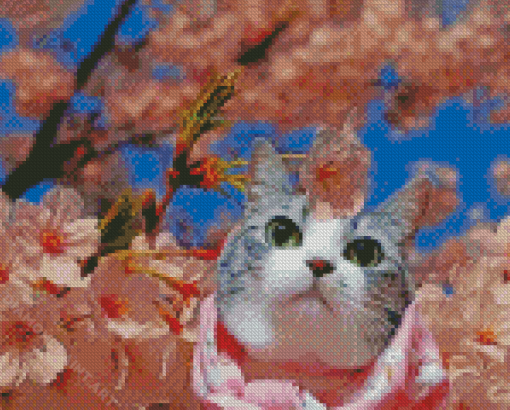 Cat In Cherry Tree Diamond Painting