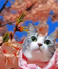 Cat In Cherry Tree Diamond Painting