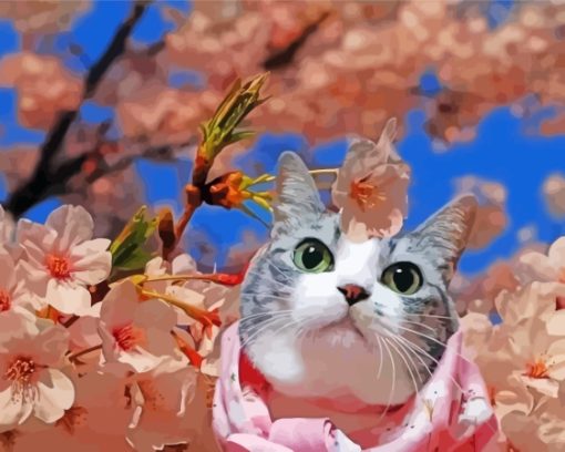 Cat In Cherry Tree Diamond Painting