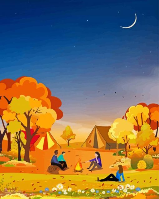 Camping At Night In Fall Forest Diamond Painting