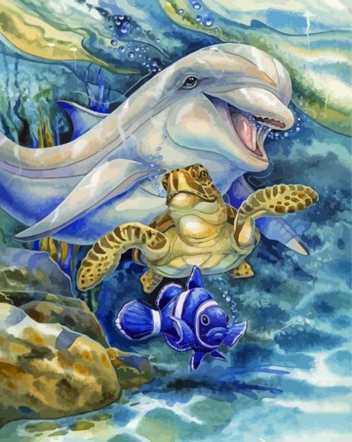 Turtle And Dolphin With Fish Diamond Painting