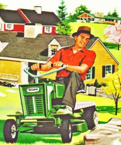 Vintage Man Mowing Grass Diamond Painting