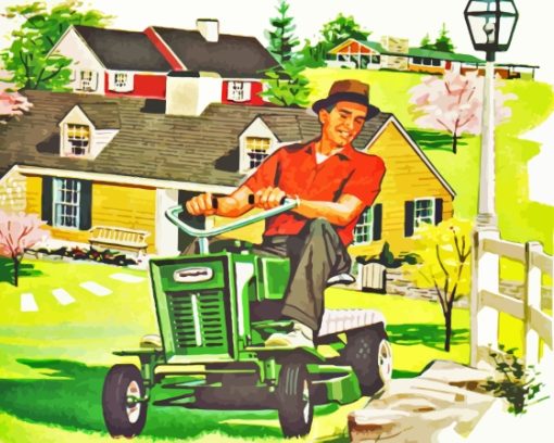 Vintage Man Mowing Grass Diamond Painting