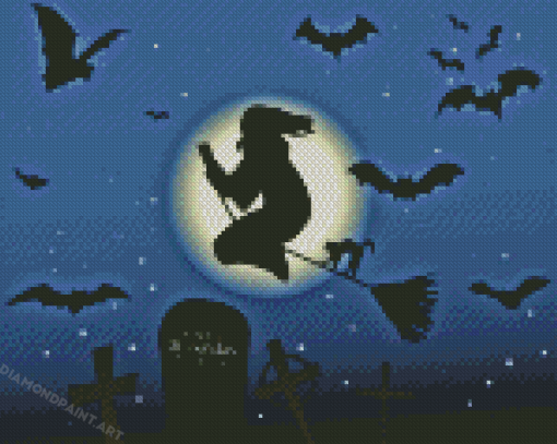 Witch Silhouette And Bats Diamond Painting