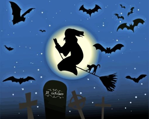 Witch Silhouette And Bats Diamond Painting