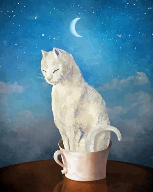 Aesthetic White Cat In Cup Diamond Painting