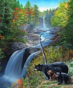 Bears In Waterfall Landscape Diamond Painting