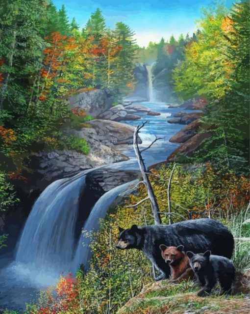 Bears In Waterfall Landscape Diamond Painting