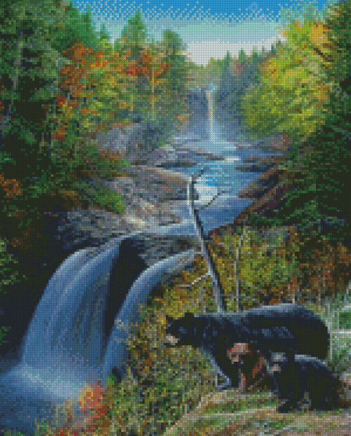 Bears In Waterfall Landscape Diamond Painting