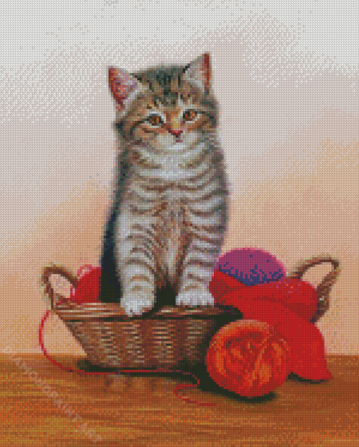 Kitten With Yarn Basket Diamond Painting