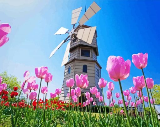 Pink Tulpen En Molen Diamond Painting